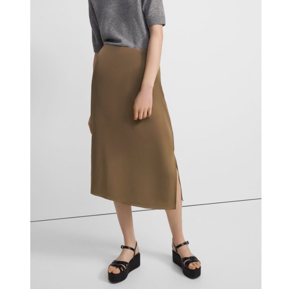 NWT Theory 100% Silk Georgette Slit Midi Slip Skirt Green Khaki US 2 & 4